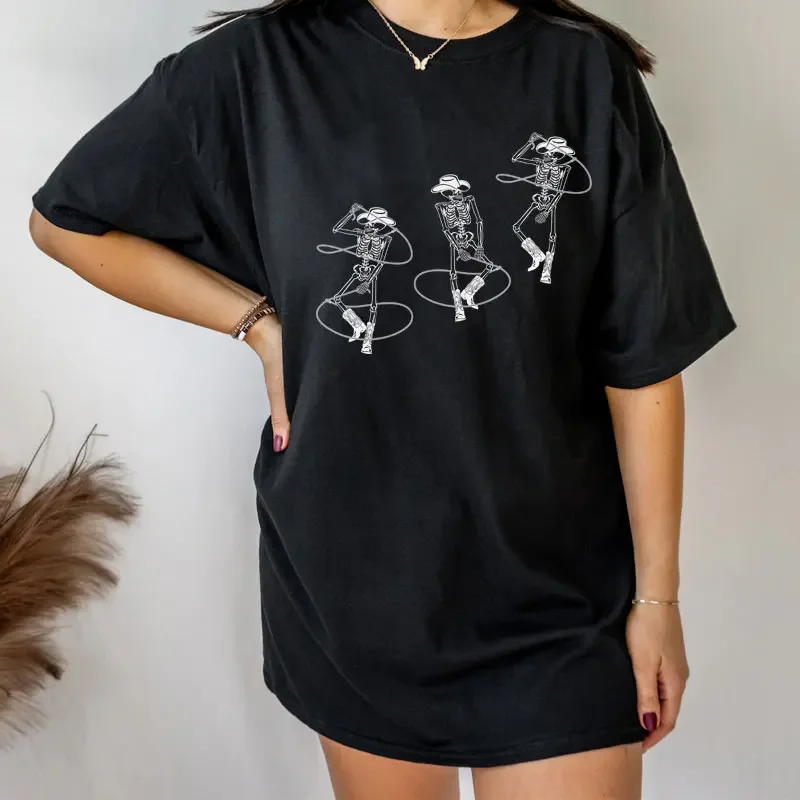 

Dancing Skeleton Cowboy Women Oversized T-Shirt Cowgirl Vintage Western Rodeo Graphic Tees Hippie Funny T Shirts Retro Boho Top