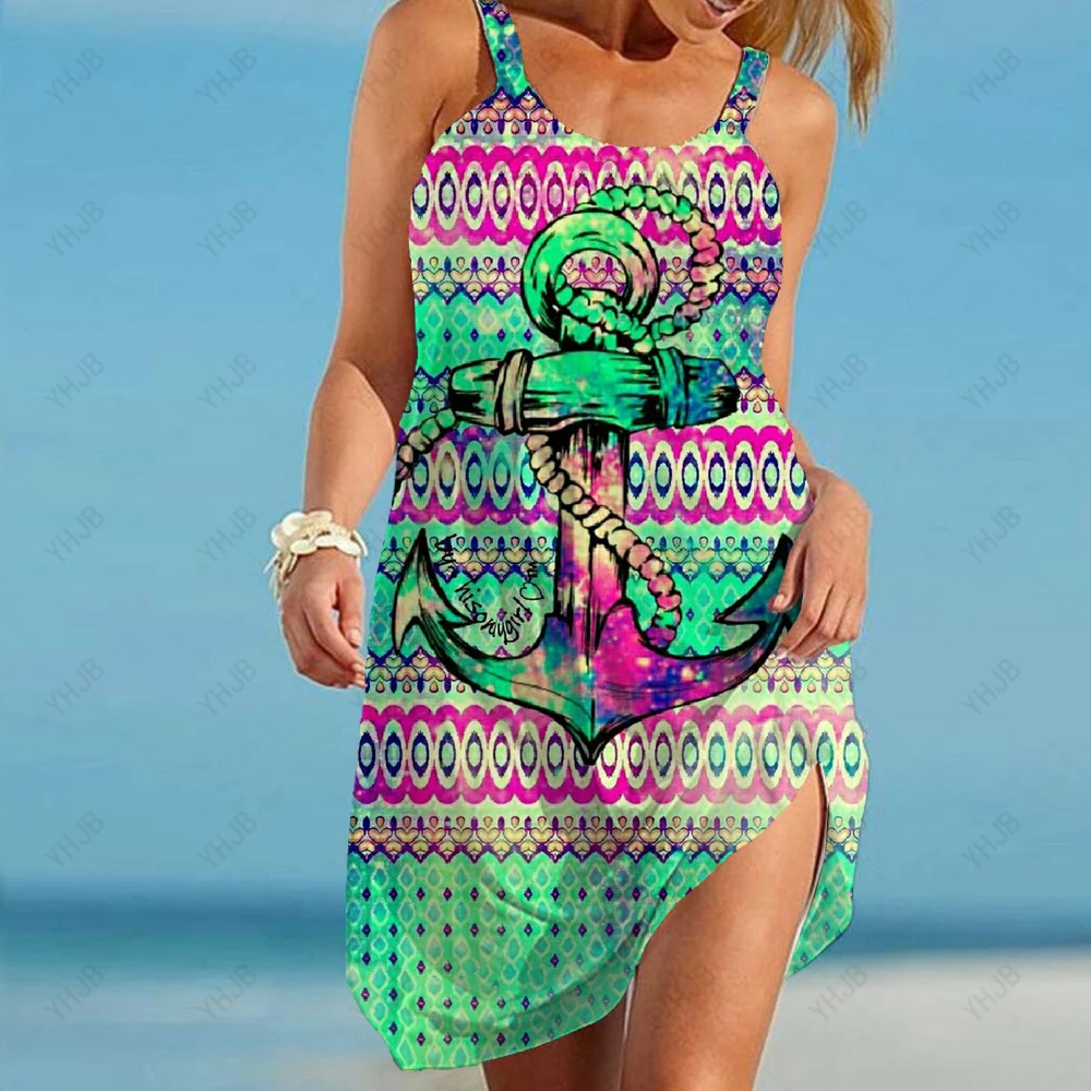 

2023 New Summer Halter Robe Sexy Women's Dress Short Beach Printing Mini Boat Anchor Dress Sleeveless Sundress Clothing