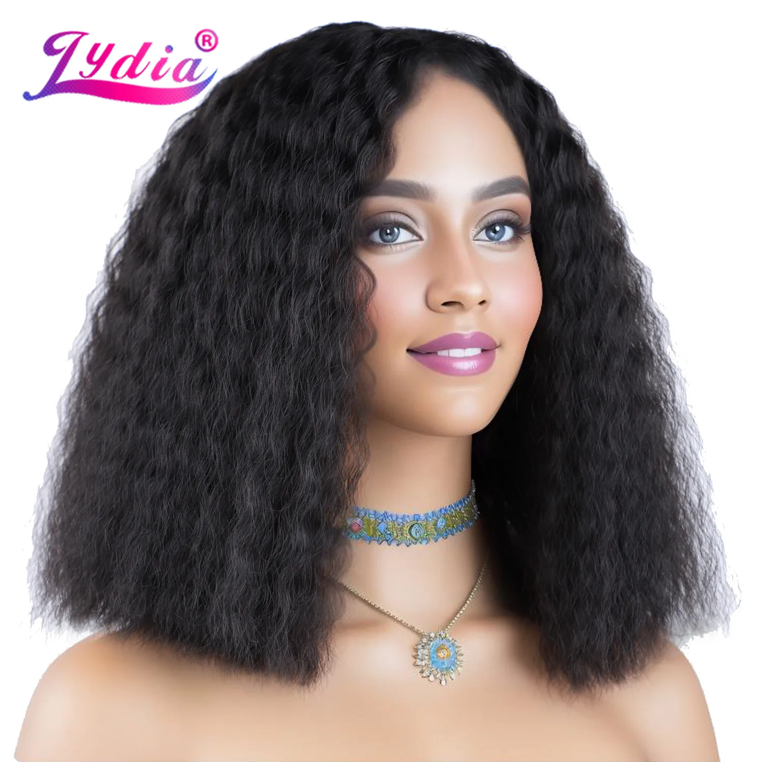 

Lydia Middle Synthetic 14 Inch Wigs Kinky Curly Kanekalon Heat Resistant African American With Skin Topper Water Wavy Full Daily