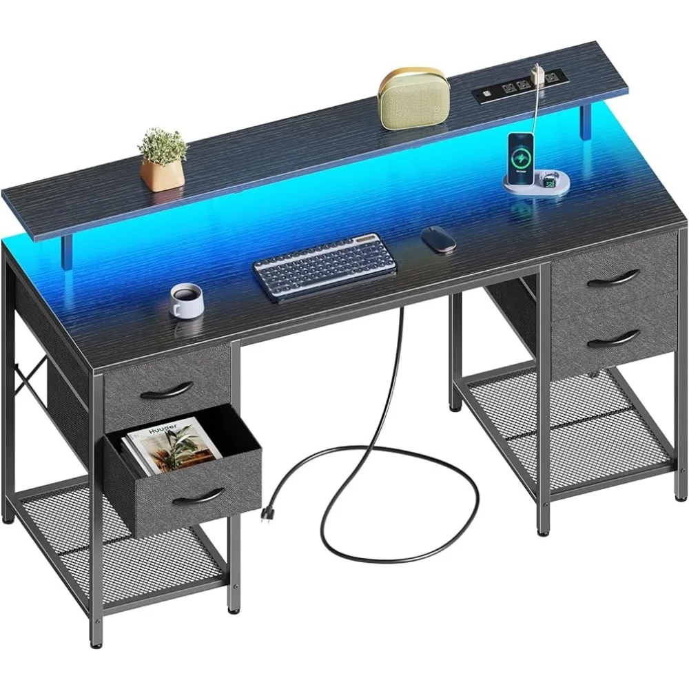 

55 inch Computer Desks with 4 Drawers, Gaming Desk with LED Lights & Power Outlets, Office,Work from Home, Black