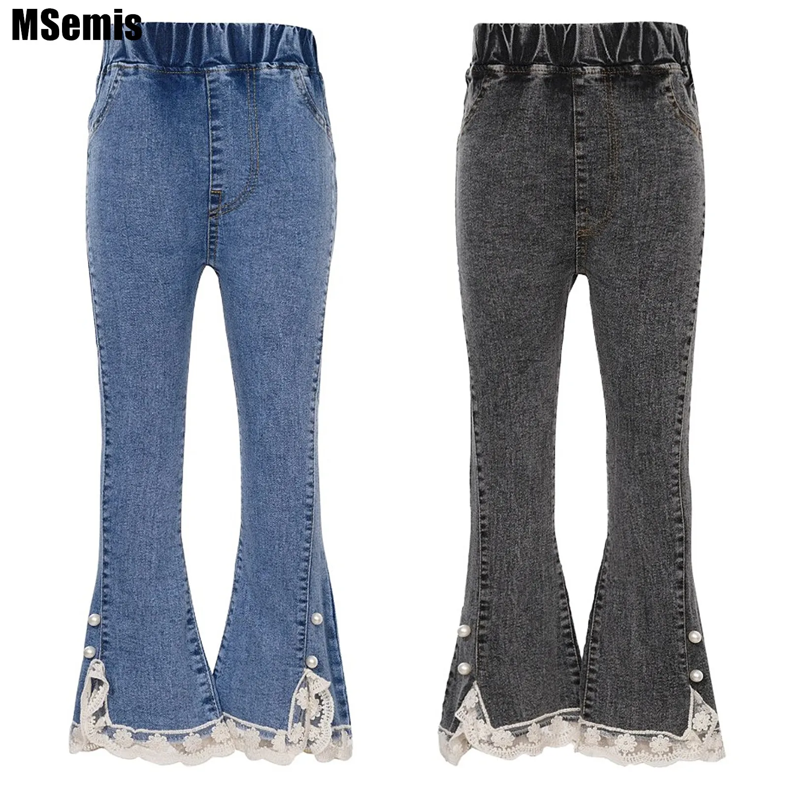 

Kids Girls Slit Jeans Lace Hem Flared Casual Elastic Waistband Bell-Bottom Denim Pants with Pockets