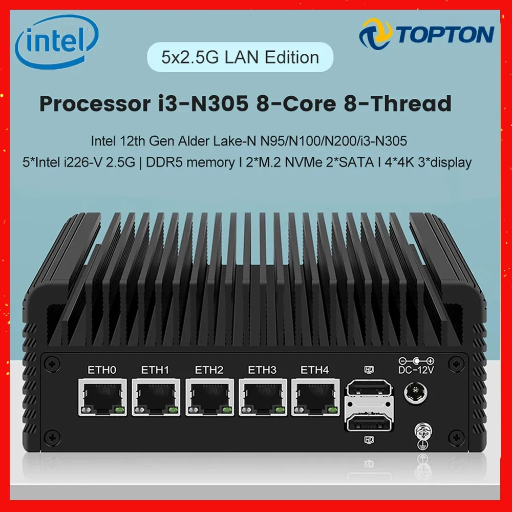 Firewall Appliance 5xi226-V 2.5G Router 12th Gen Intel i3 N305 N200 N100 DDR5 2*NVMe 2*SATA3.0 Fanless Mini PC ESXi Proxmox Host
Firewall Appliance 5xi226-V 2.5G Router 12th Gen Intel i3 N305 N200 N100 DDR5 2*NVMe 2*SATA3.0 Fanless Mini PC ESXi Proxmox Host