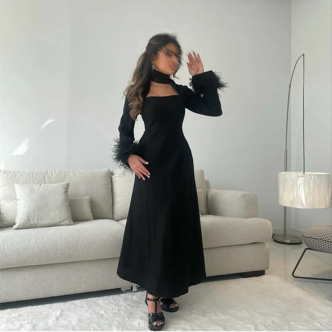 

Meetlove Elegant Short Black Evening Dress With Feathers Sheath Long Sleeve Tea Length Prom Dress Robe de soirée for Women