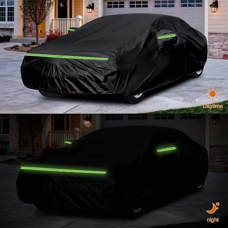 

Black All Weather Car Covers Auto Cover Sunshade Dustproof Protection With Reflective Strips Rainproof Heat Insulation Car Cover