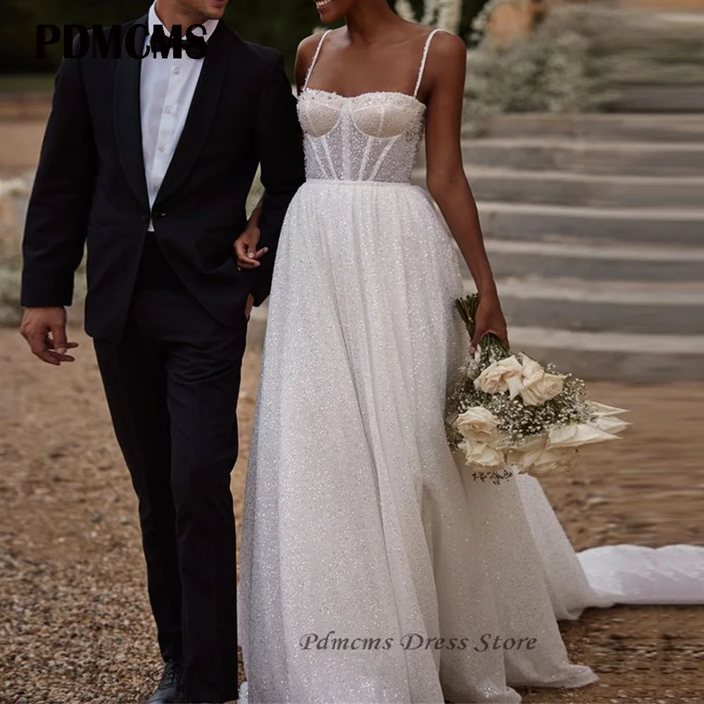 PDMCMS Glitter Spaghetti Straps A Line Wedding Dresses Lace Up Sweep Train Elegant Bride Dress Custom Make Shiny Bridal Gowns
PDMCMS Glitter Spaghetti Straps A Line Wedding Dresses Lace Up Sweep Train Elegant Bride Dress Custom Make Shiny Bridal Gowns