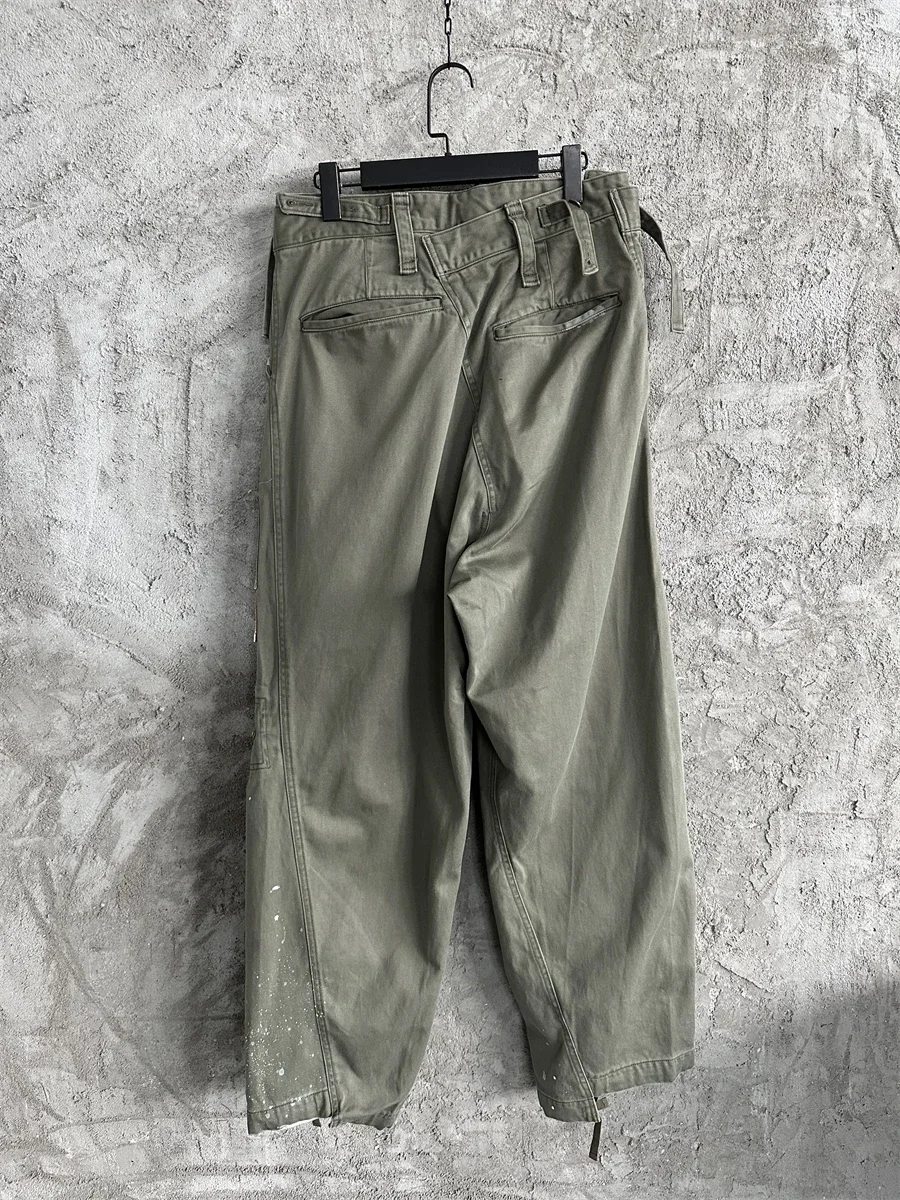 

Deconstructing Multi-Pocket Splash-Ink Washed Distressed Wide-Leg Pants Outdoor Loose Overalls Army Green Retro Straight-Leg