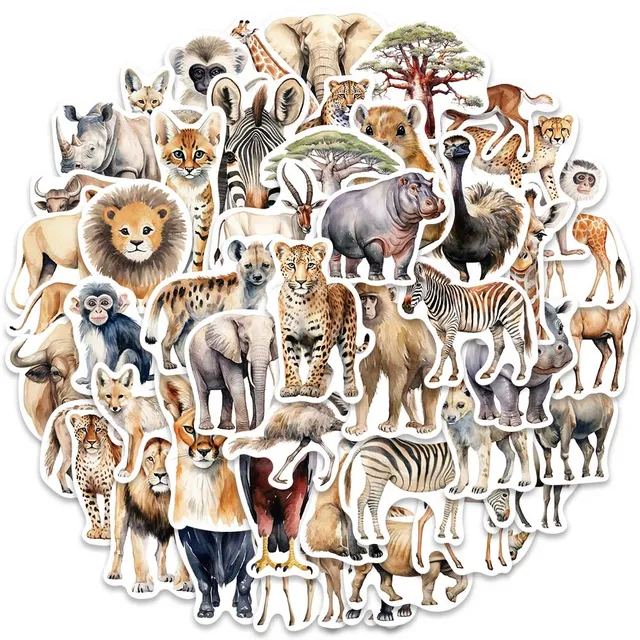 Autocollants en vinyle waterproof pour ordinateur portable, 50 pièces, stickers, mignon, dessin animé, animaux sauvages d'Afrique, pour bagages, planche à roulettes, journal intime, graffiti 2