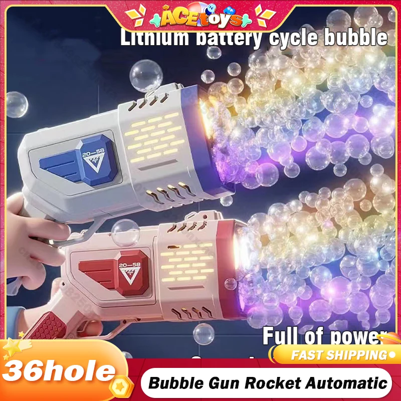 

36 Holes Bubble Gun Rocket Soap Bubbles Machine Guns Shape Automatic Blower with Light Toys For Kids Pomperos Childrens Day Gift