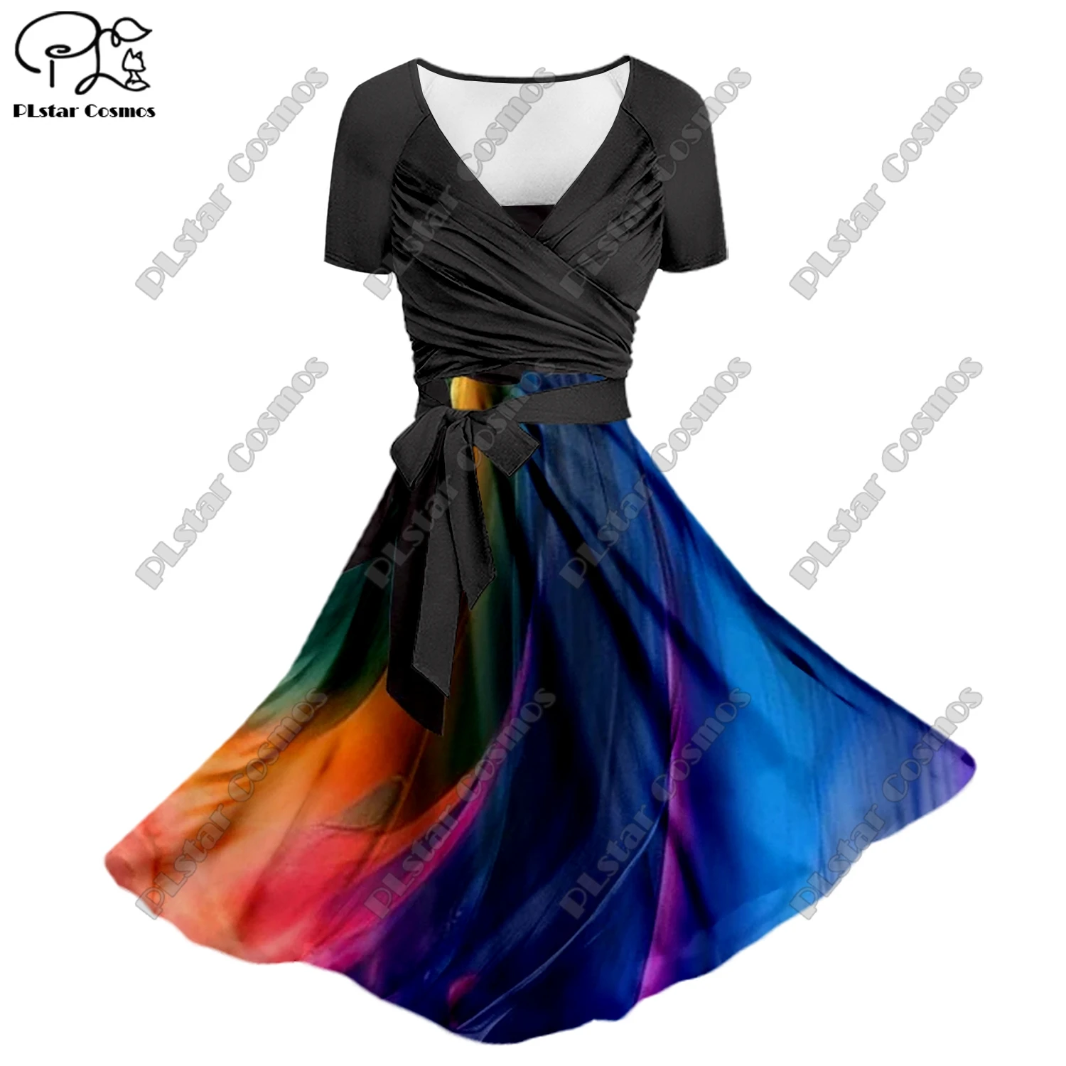 

PLstar Cosmos 3D printing ladies floral A-line suspender skirt with bowknot twill black top two-piece summer