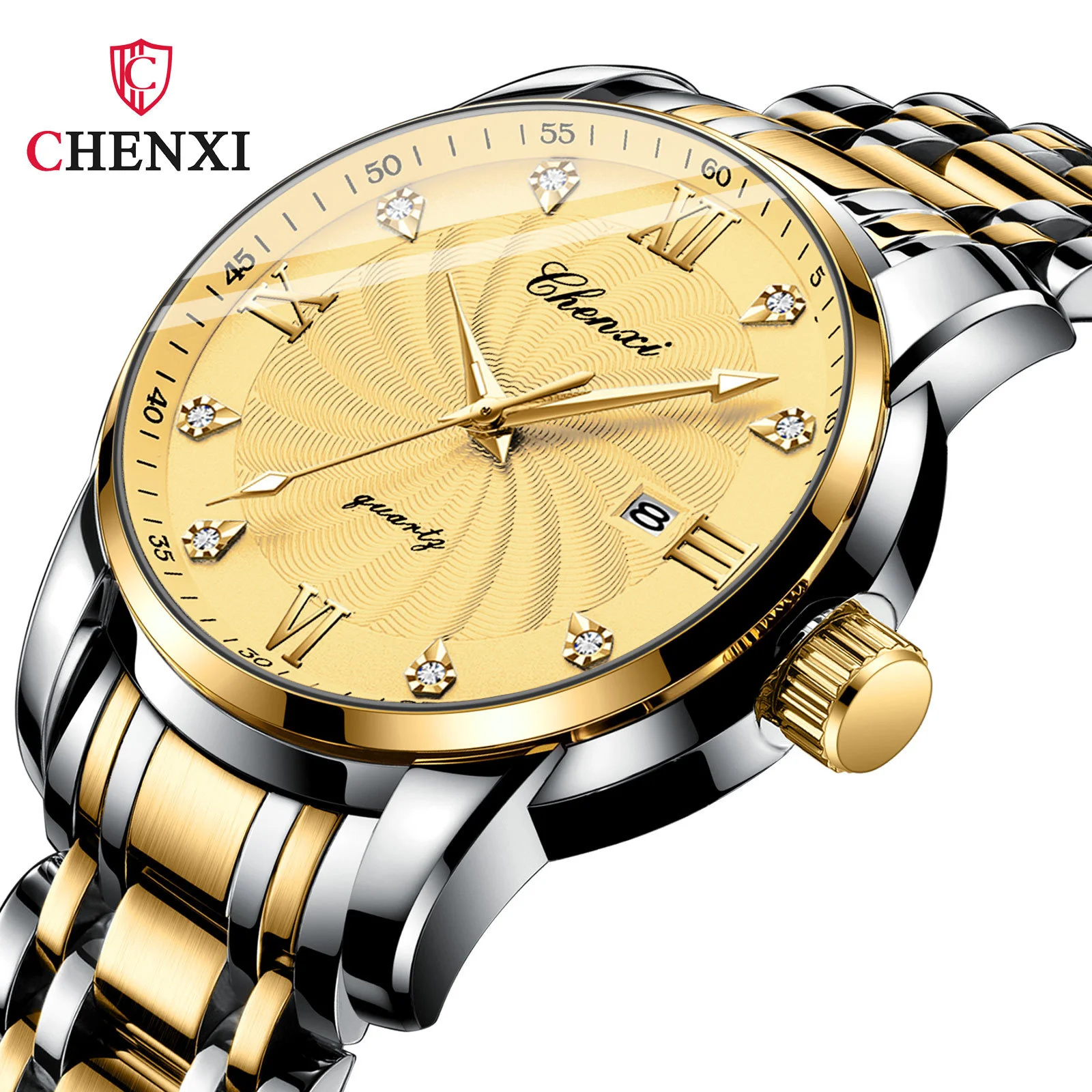

CHENXI 8221 Men's Quartz Watch Fashion Business Golden Steel Calendar Waterproof Luminous Pointer Wrist Watches for Male Gift