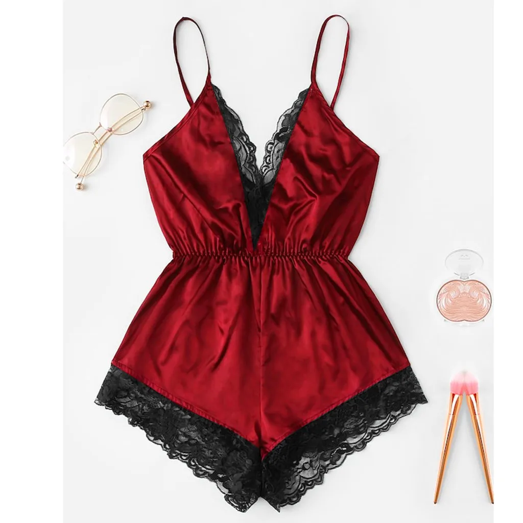 Slim Fit Satin Sexy Babydolls Women S Waisted Lace Panel V Neck Sex
