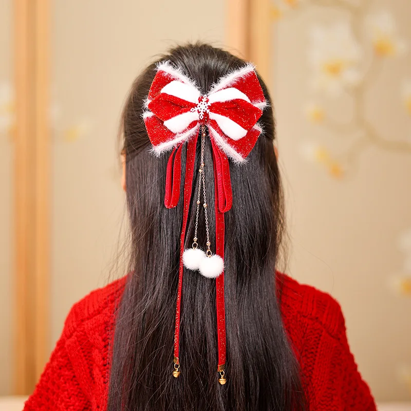 

Праздничные банты для волос в китайском стиле для девушек, милые красные заколки для волос, рождественские аксессуары, головной убор