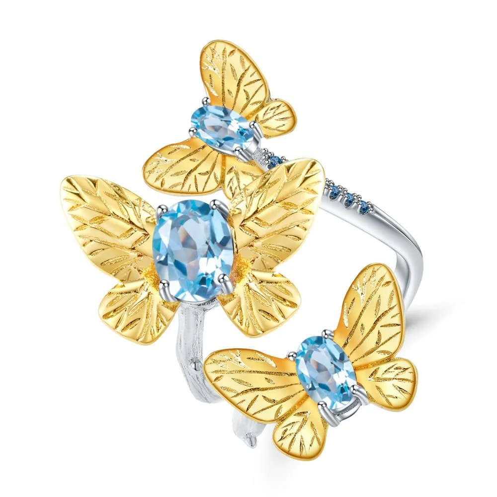 

Abiding natural swiss blue topaz gold plated gemstone finger jewelry sterling silver butterfly ring women