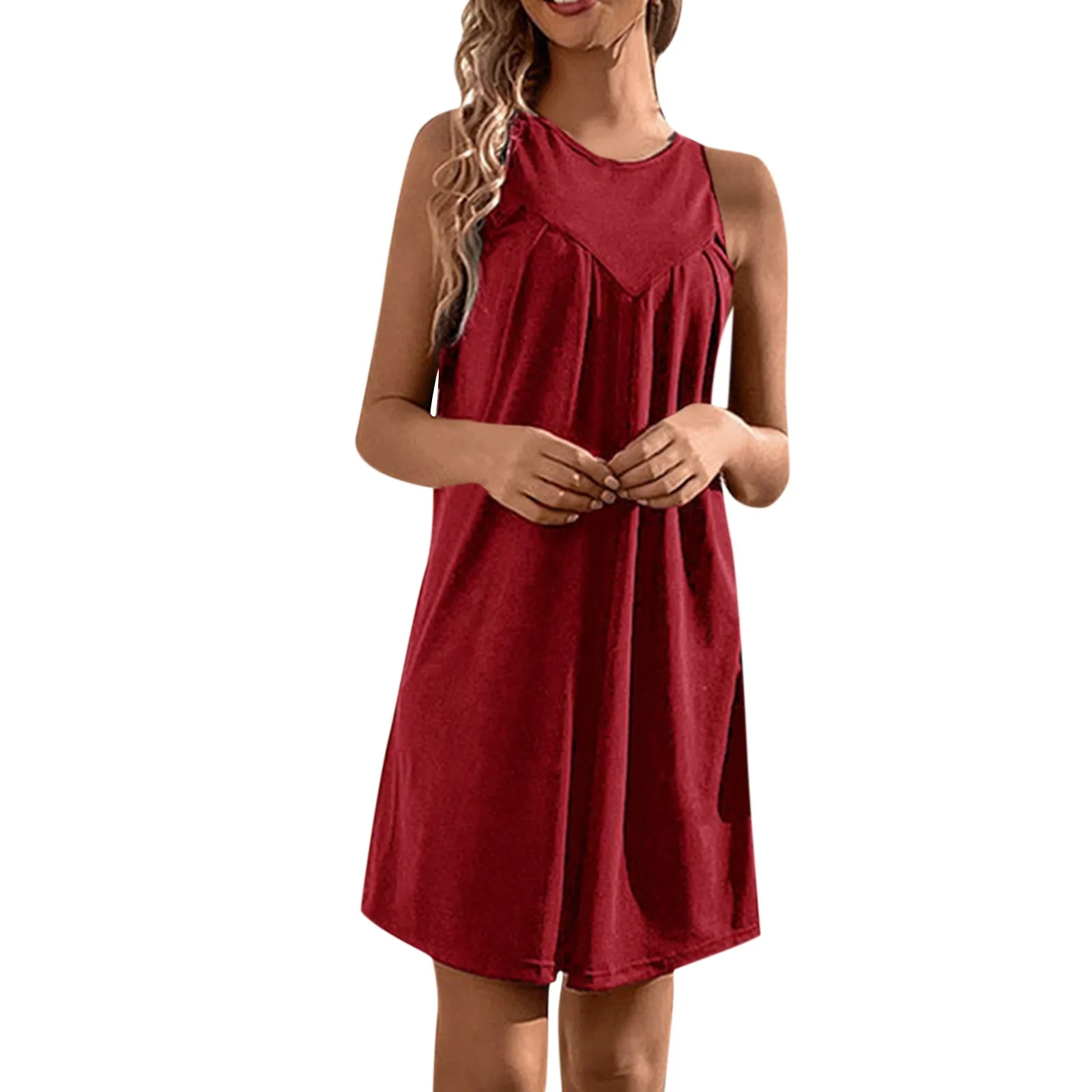 

Women's Fashion Casual Solid Color Gathered Sleeveless Round Neck Tank Dress ropa de mujer barata y envío gratis ofertas