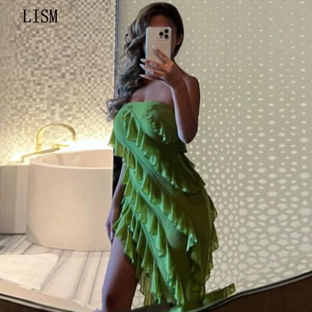 

LISM Olive Green Strapless Cocktail Party Dresses Asymmetric Sexy Short Evening Prom Gown Ruffled Chiffon Plus Size Custom Made