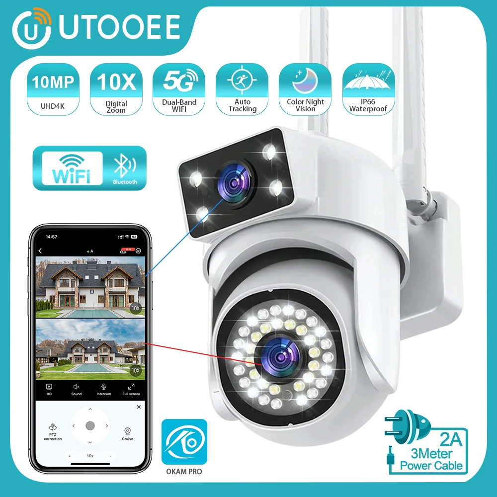 

UTOOEE 5K 10MP Dual Lens WIFI PTZ Camera Dual Screen 10X Zoom AI Human Tracking Outdoor 5G Secuity CCTV Surveillance IP Camera
