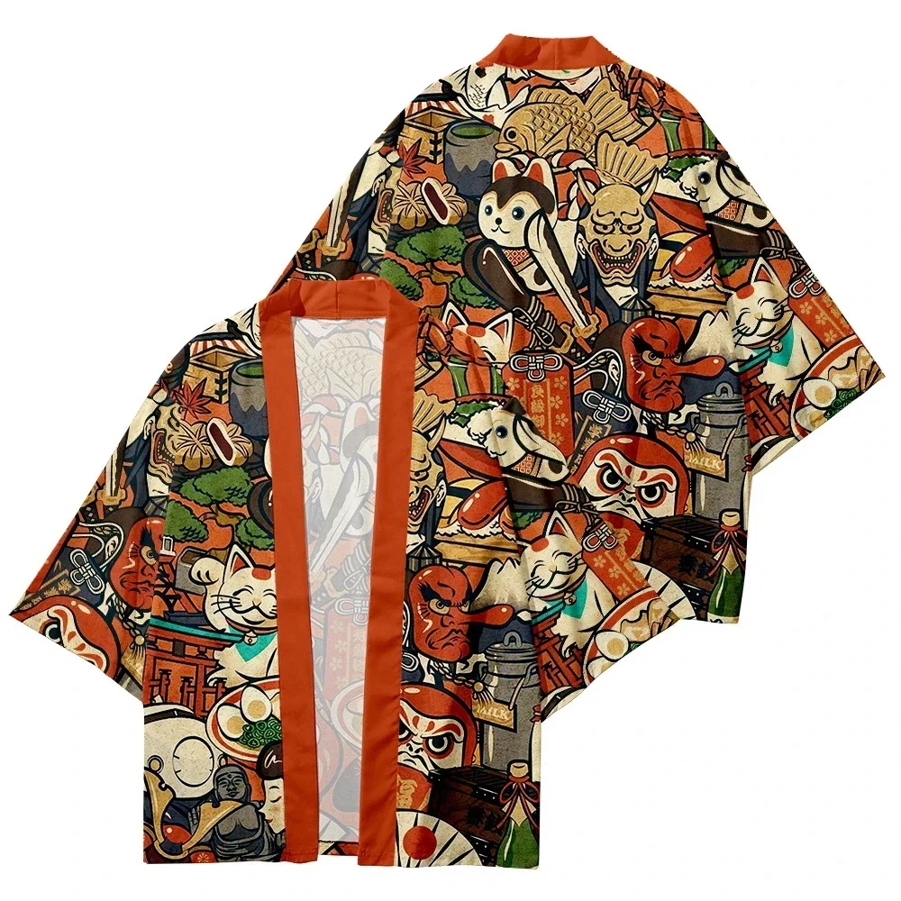 

Streetwear Cardigan Demon Samurai Cat Print Clothing Traditional kimono Female Male Harajuku Japanese beach yukata top