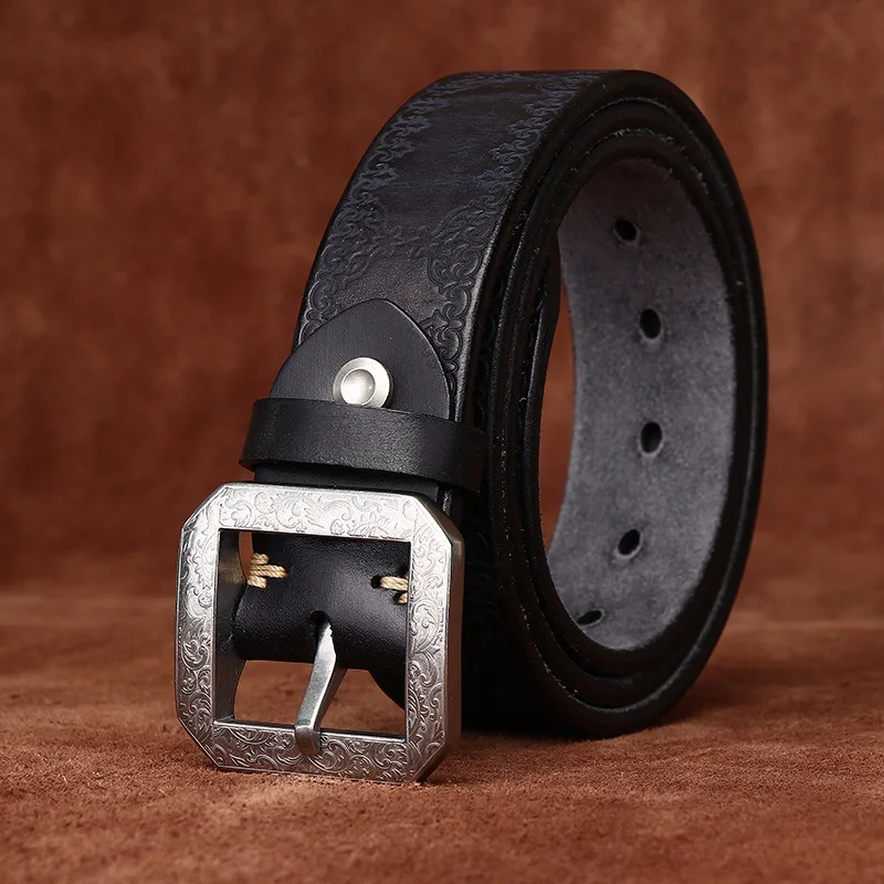 

3.8CM Pure Cowhide Extra thick High Quality Genuine Leather Belts for Men Strap Male Stainless Steel Buckle Carving Retro Jeans