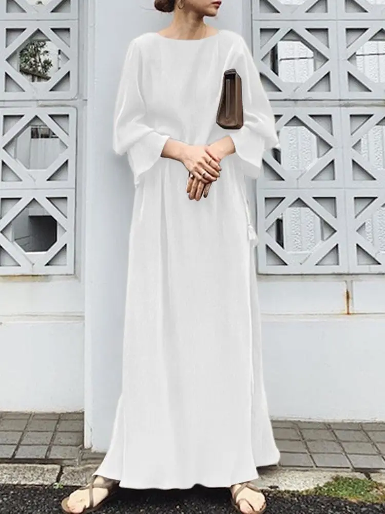 

2023 ZANZEA Elegant Party Long Maxi Dress Fashion Women Pleated Long Sleeve Sundress Casual Solid Color Vestidos Robe Oversized