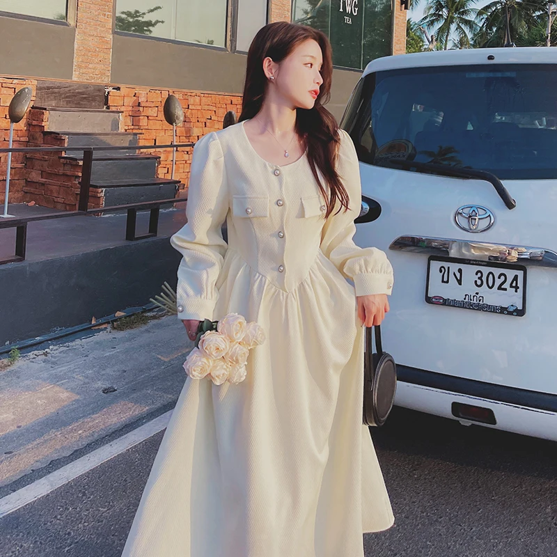 

Женское винтажное платье с длинным рукавом, повседневное свободное белое платье-макси трапеция в Корейском стиле, модель 2023 на весну и осень, 6659