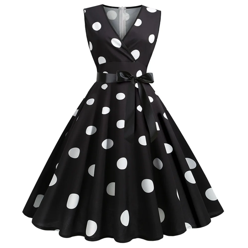 

Women 50s V-neck Rockabilly Pot Dress 1950s Flare Dress Polka Dot Retro Vintage Hepburn Cocktail Party Summer Sleeveless Dresses