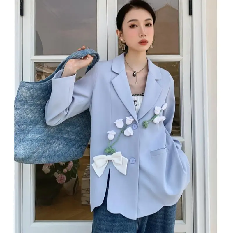 

2023 Spring and Summer New Long-sleeved Women's Suit Jacket Three-dimensional Flower Slit Casual Suit Literary Style Blue Blazer