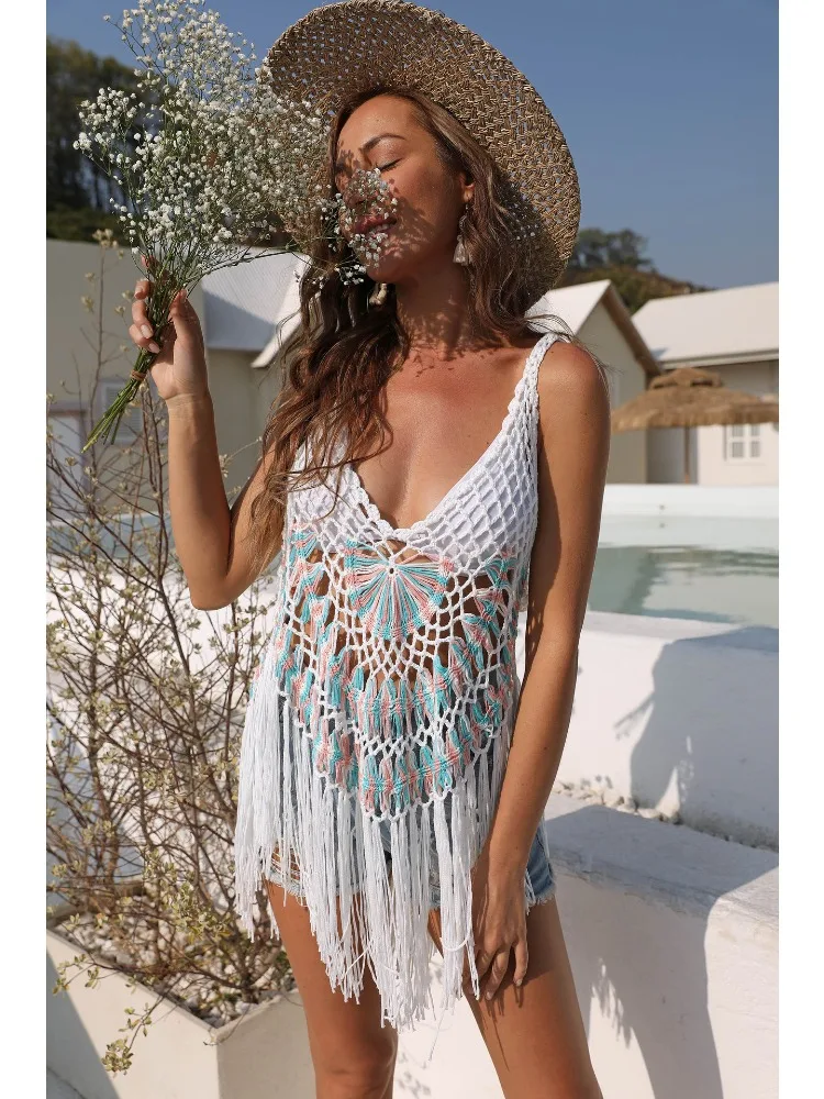 

Cutout Crochet Bikini Swim Cover Up for Women Sexy Sling Beach Tunic Mini Dress Tassel Beach Bikini Cover-ups Summer Beachwear