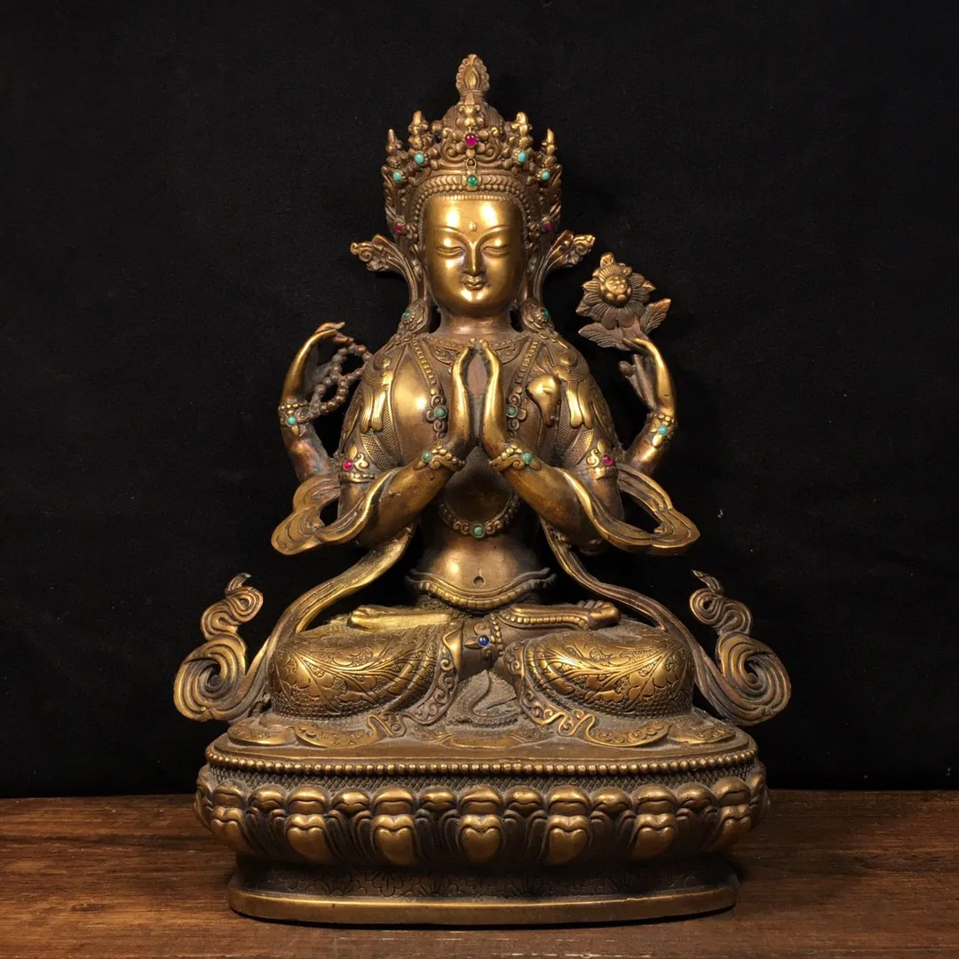 

Тибетская Бронзовая статуя Будды из латуни, инкрустированная драгоценными камнями, четырехвооруженный Гуаньинь тара, статуя Будды, товары для домашнего буддийского зала, orna