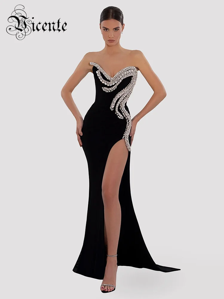 

VC Luxury Evening Dresses For Women Sexy V Neck High Slit Crystal Design Black Maxi Long Formal Occasions Party Gown