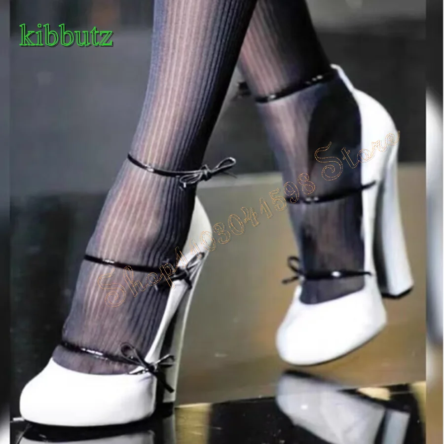 

Round Toe Patent Leather Bow Pumps Fashionable Thick Heel Women's Shoes Wedding Party HIgh Heels 2024 New Zapatos Para Mujere