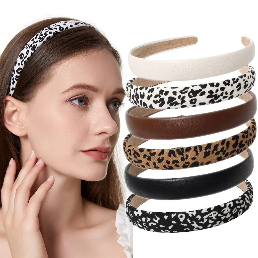 

Leopard Print Headbands for Women Girls 2cm Wide Headband PU Solid Hairband Hair Hoops Hair Accessories 6 pack