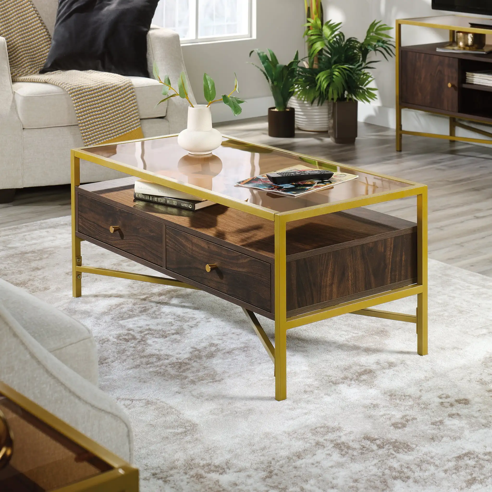 Sauder Curiod Glass Top Gold Metal Rectangular Coffee Table with Storage Rich Walnut Finish gold metal frame
Sauder Curiod Glass Top Gold Metal Rectangular Coffee Table with Storage Rich Walnut Finish gold metal frame