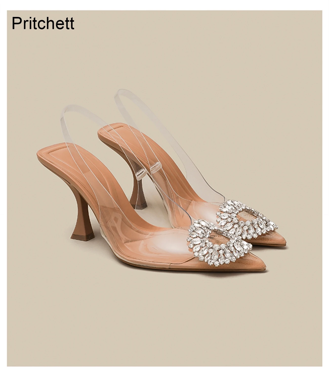 

Leather Apricot Rhinestone Decoration Transparent Heel High-heeled Shoes 2023 Summer Contrast Color Elegant Lady Sandals