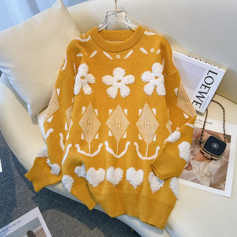 2022 New Autumn Winter Women Loose Pullover Sweater High Quality Sweet Flowers Love Flocking Knitted Sweater
2022 New Autumn Winter Women Loose Pullover Sweater High Quality Sweet Flowers Love Flocking Knitted Sweater