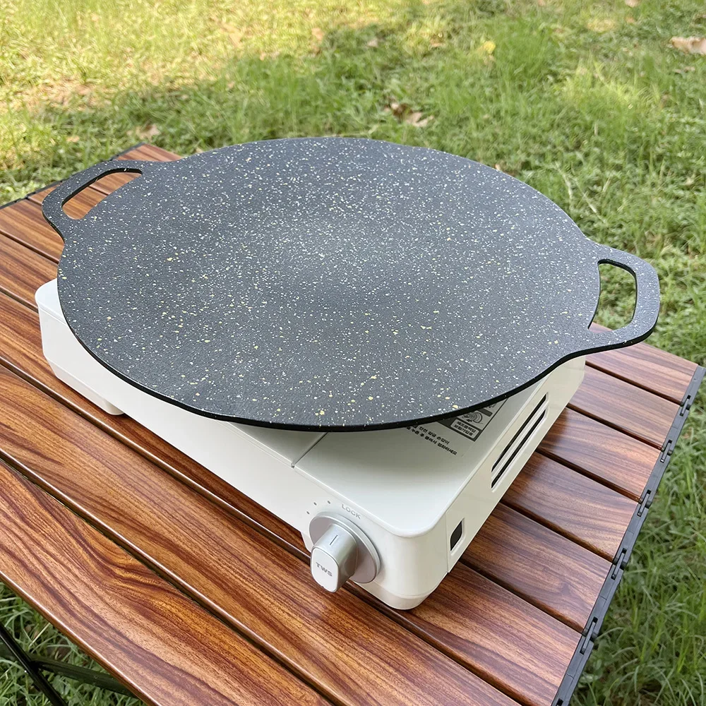 

BBQ Grill Pan Smokeless Round Griddle Pan Barbecue Plate Indoor Outdoor Grilling Frying Pan with Heat-resistant Holder