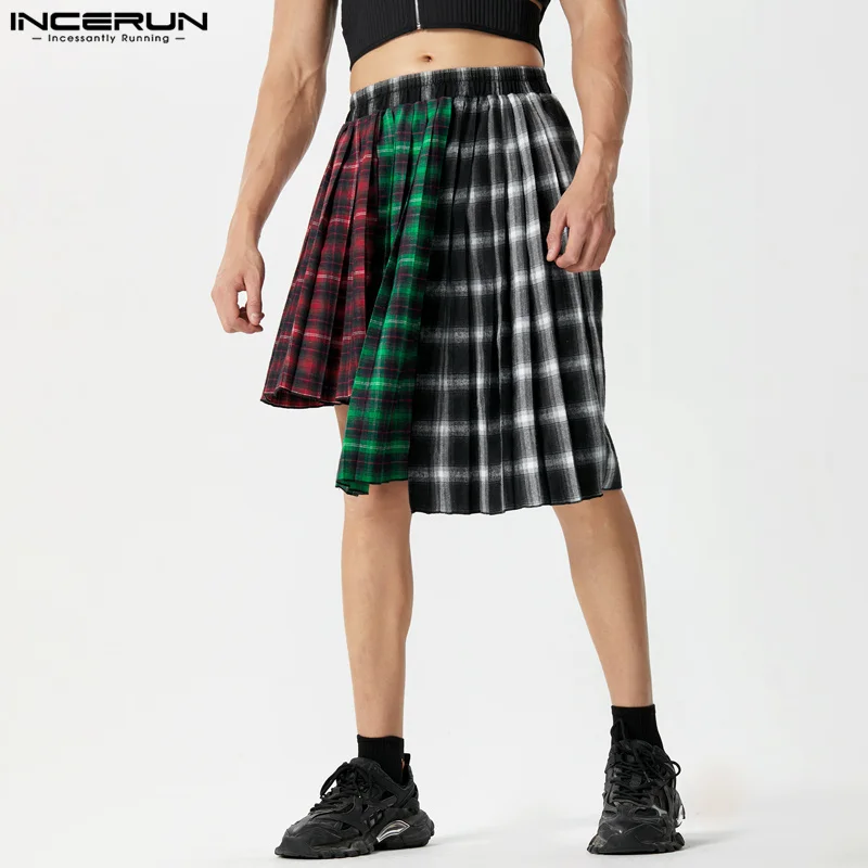 

INCERUN 2023 American Style Fashion Men's Trousers Personality Irregular Hem Pantalons Casual Checkered Half Skirts Pants S-5XL