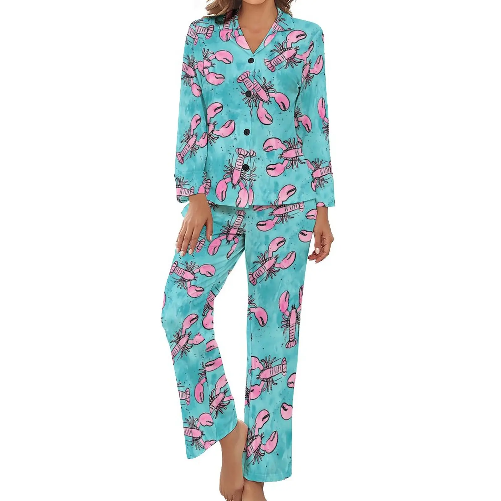 

Женская пижама с принтом Lobsters, розовая и синяя модная ночная одежда, весенние повседневные пижамные комплекты из 2 предметов с V-образным вырезом и графическим принтом