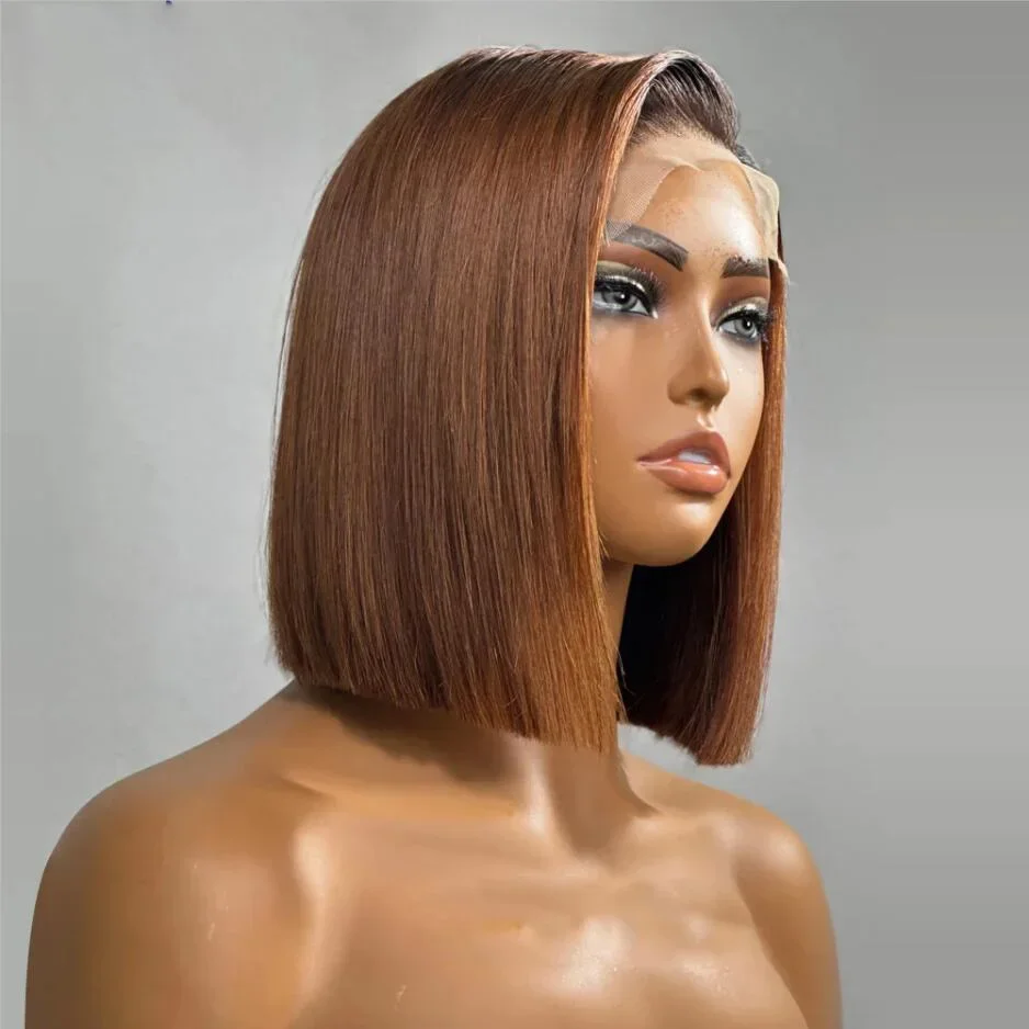 

Soft Short Bob180Density Ombre Brown Straight Lace Front Wig For Women With BabyHair Heat Resistant Glueless Preplucked Daily