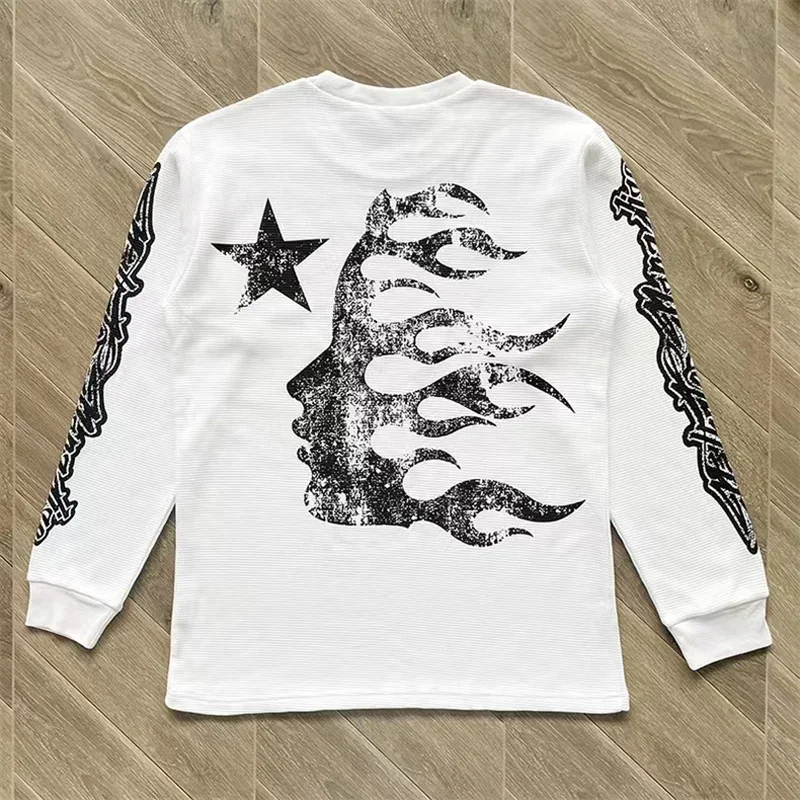 

y2k Classic Black White Hellstar T-shirt American Trend Flame Big Logo Print Long Sleeve T Shirt Autumn Loose Men Women Top Tee