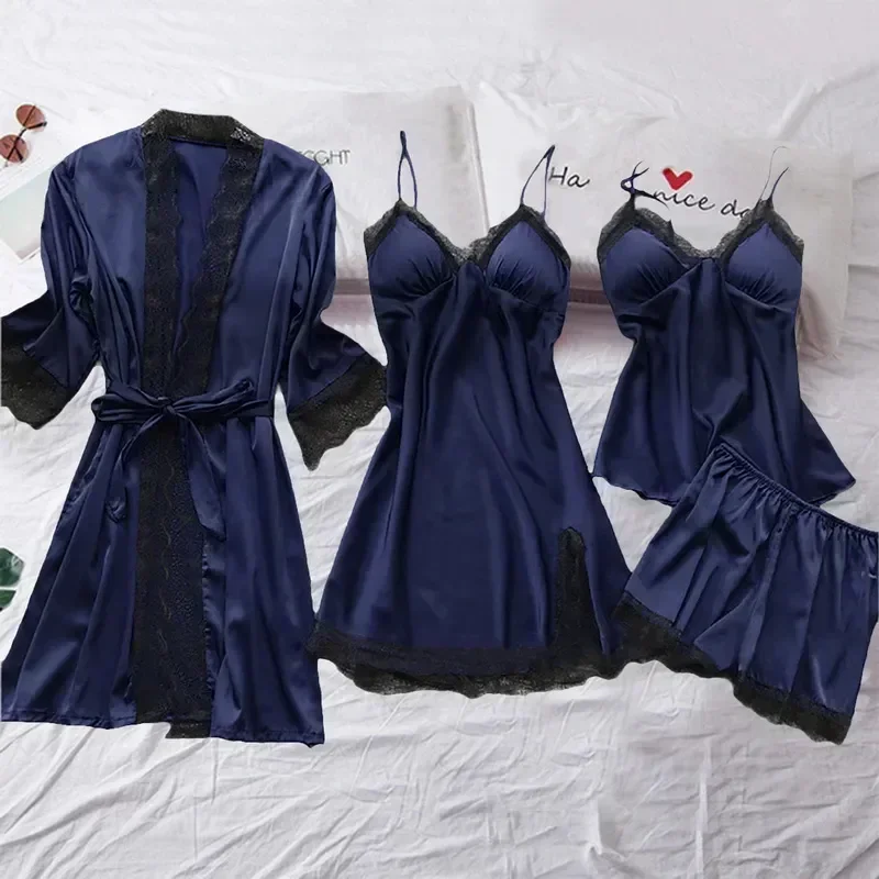 

Set Robe Spring Womens Suit Pajamas Pijama Silk Home Gown Nightdress Wear Cami Nightwear Nighties Lace Satin V-neck Sleep
