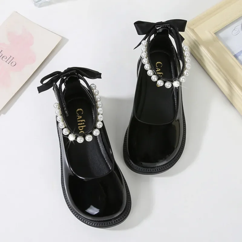 

New Autumn Girl Glossy Leather Shoes Children Princess Back Bowknot Beading Single Shoes Kid School Solid Black Dance Mary Janes