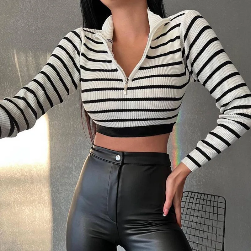 Fashion Women Knit Crop Tops Long Sleeve Turtlenecks Zipper Stripe Y2K Clothes 2023 Autumn Sexy Sweet Girl Sweaters 
Fashion Women Knit Crop Tops Long Sleeve Turtlenecks Zipper Stripe Y2K Clothes 2023 Autumn Sexy Sweet Girl Sweaters