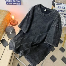 Couple Summer Washed T Shirt Retro Hip Hop Streetwear Men Women Casual T-shirt Short Sleeve Vintage Black Acid Wash Y2k Clothes