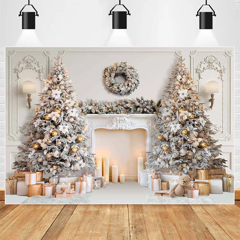 

White Christmas Room Backdrops For Photography Xmas Tree Garland Gift Photo Props Kids Family Portrait Photographic Background