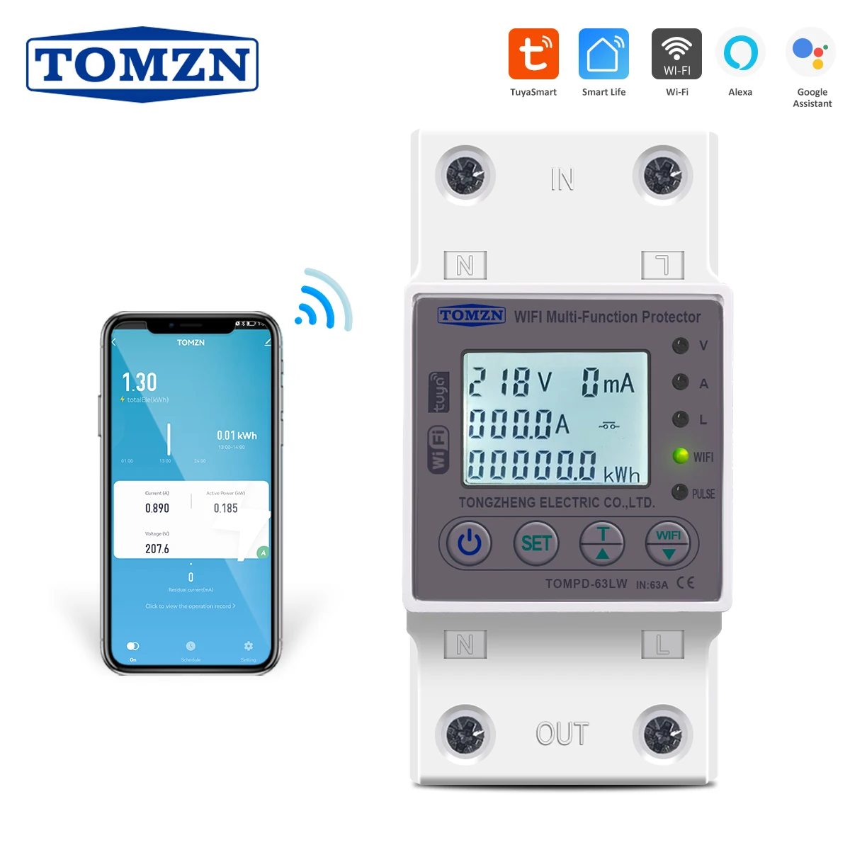 

TOMZN 63A WIFI Smart Switch TUYA Energy Meter Kwh Metering Circuit Breaker Timer with voltage current and leakage protection