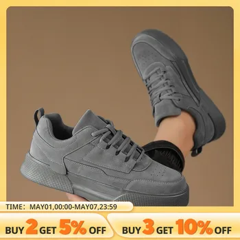 남성용 단색 그레이 레이스업 프론트 스포츠 스케이트화, 미니멀리스트 스타일, 라운드 토, 두꺼운 바닥 높이 증가 운동화 상품 이미지