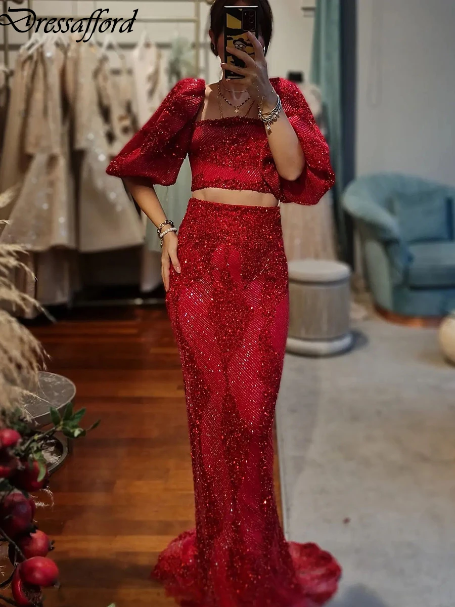 Red Sequined Appliques Two Pieces Dubai Mermaid Evening Dress Square Collar Long Sleeve Beading Formal Party Wear Gown
Red Sequined Appliques Two Pieces Dubai Mermaid Evening Dress Square Collar Long Sleeve Beading Formal Party Wear Gown