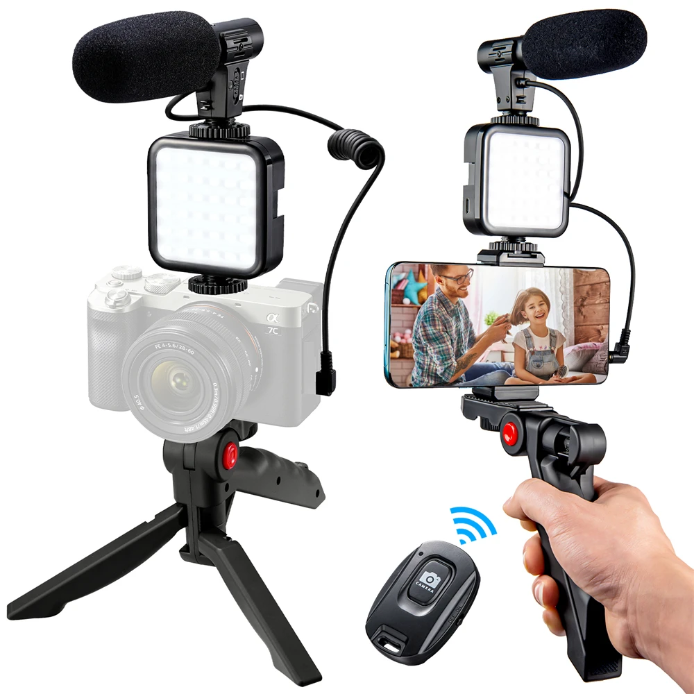 Vlogging Kit for Iphone Android Video Vlog Kits w Phone Tripod Phone Holder Led Light and Shotgun Microphone for Phone Camera
Vlogging Kit for Iphone Android Video Vlog Kits w Phone Tripod Phone Holder Led Light and Shotgun Microphone for Phone Camera