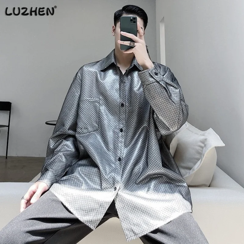 

LUZHEN Men's Long Sleeve Shirt Personality Fashion Lace Patchwork Top Lapel Single Breasted Male Shirt 2024 Spring Trend 7240f0