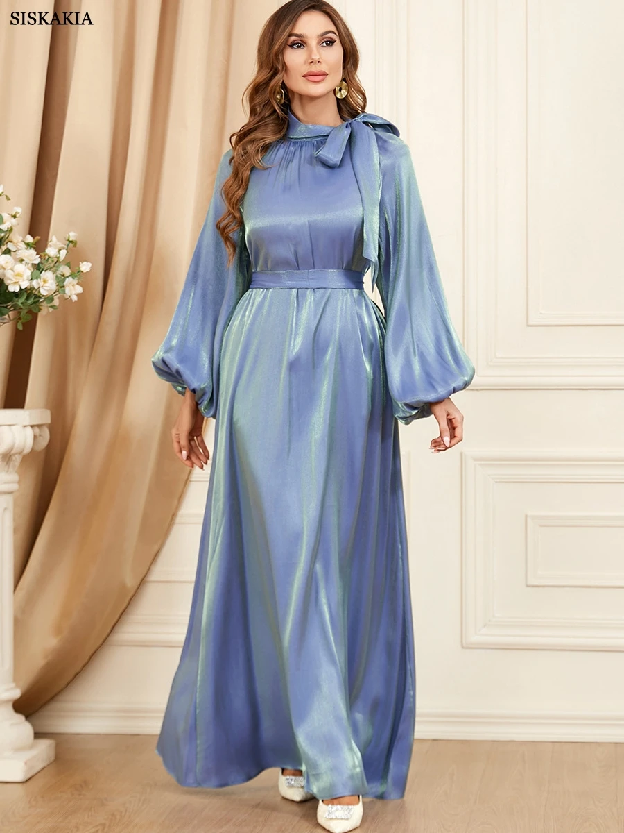 

Siskakia Modest Muslim Moroccan Jalabiya Dubai Arab Oman Maxi Dress for Women Brief Solid Bow Stand Collar Lantern Sleeve Robe